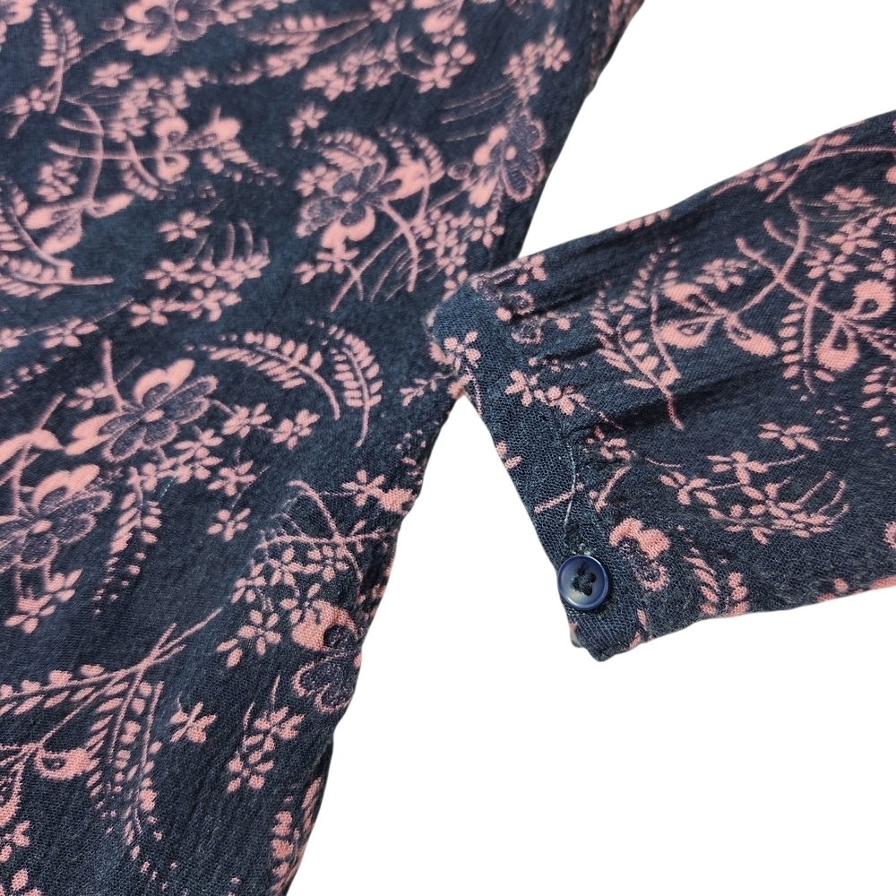 Hinge Navy Blue & Pink Floral Cottagecore Button-Front Blouse 3/4 Sleeve Size XS - Picture 7 of 10